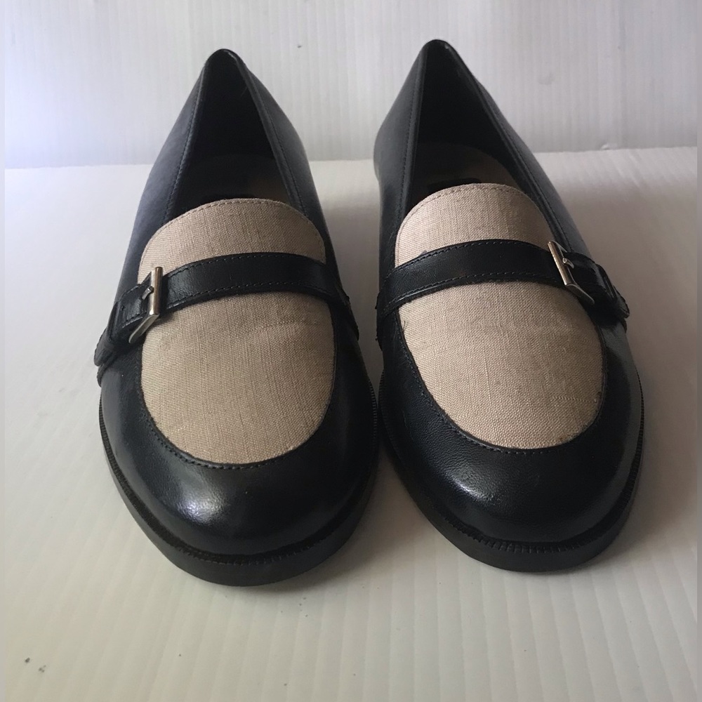 VINTAGE NAVY LEATHER PAPPAGALLO LOAFERS WITH BUCKLE MADE IN BRAZIL, NEW 8N
